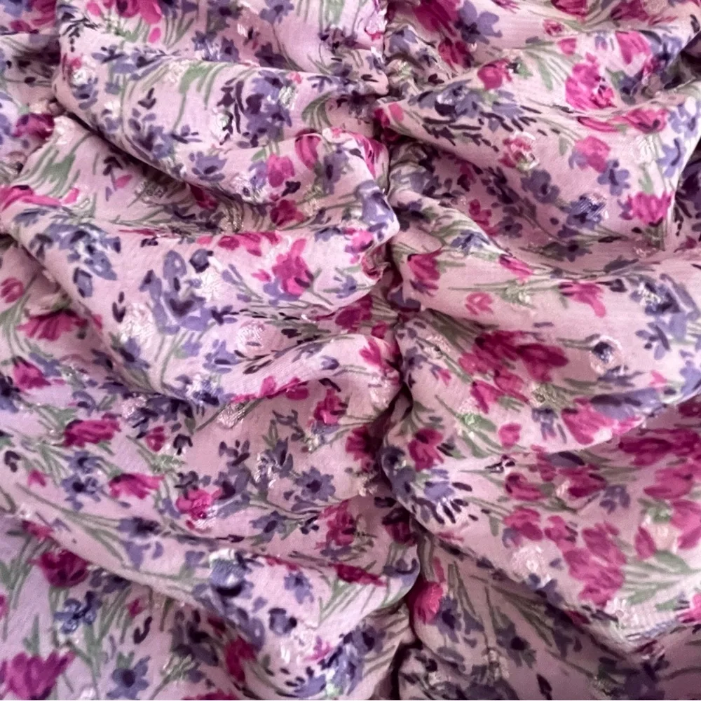 Zara Dress XS Mini Purple Floral Ruched‎ Chiffon Balloon Sleeves Elasticated - Picture 11 of 14